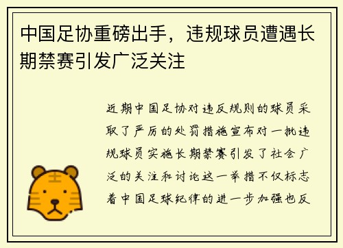 中国足协重磅出手,违规球员遭遇长期禁赛引发广泛关注 中国足协重磅出手,违规球员遭遇长期禁赛引发广泛关注